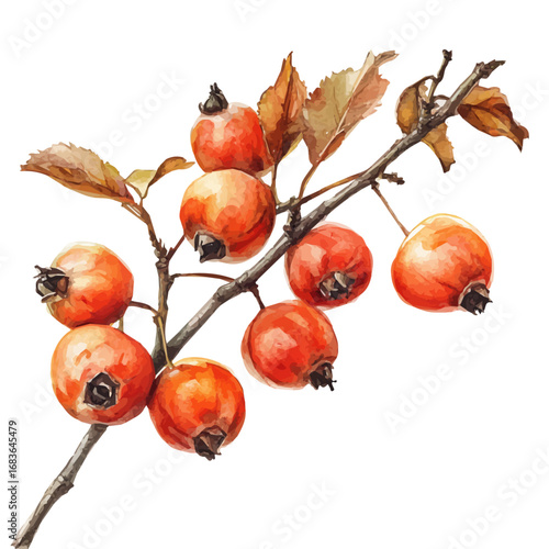 Winter Berries Branch Closeup, watercolor drawing vector, isolated on a white background.