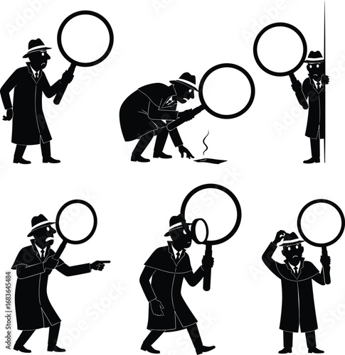 Set of cartoon detective characters with magnifying glass in various poses, mystery investigation vector illustration, retro noir style.