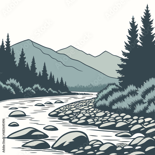Serene mountain landscape with a winding river and rocky shoreline surrounded by pine trees
