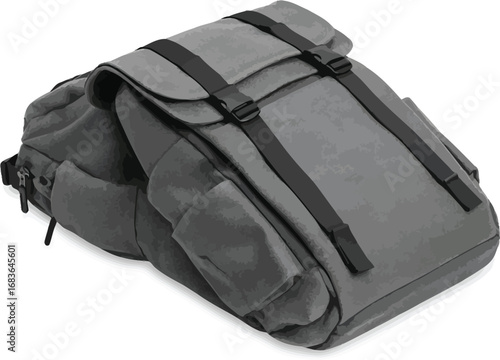 Stylish gray canvas backpack with black straps isolated on a white background