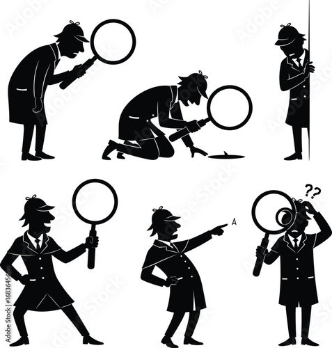 Sherlock Holmes cartoon detective characters with magnifying glass in various poses, crime investigation, clue searching, mystery solving vector.