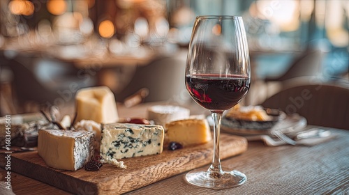 Red wine glass with cheese platter in restaurant