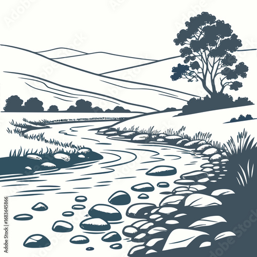 Serene natural landscape featuring a winding river flowing through rolling hills with a solitary tree