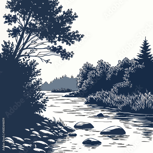 Serene river flowing through a lush forest with trees and rocks in a graphic illustration style