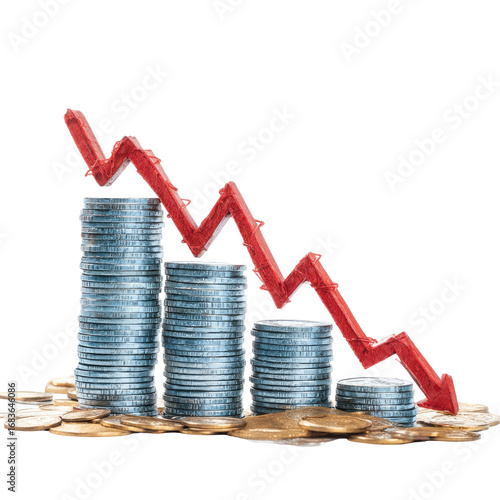 Descending stacks of coins with a red downward trend (1)