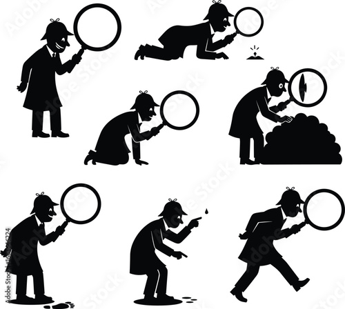 Sherlock Holmes style cartoon detective character with magnifying glass in various investigation poses, mystery crime solving vector illustration.