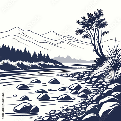 Stylized graphic illustration of a serene river flowing through a mountainous landscape with trees and rocks