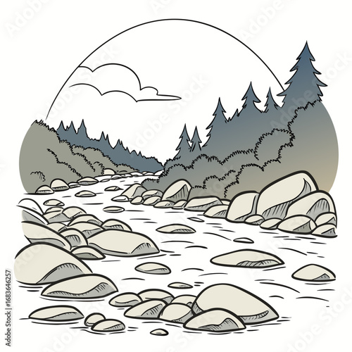 Stylized illustration of a rocky river flowing through a forest with pine trees and clouds