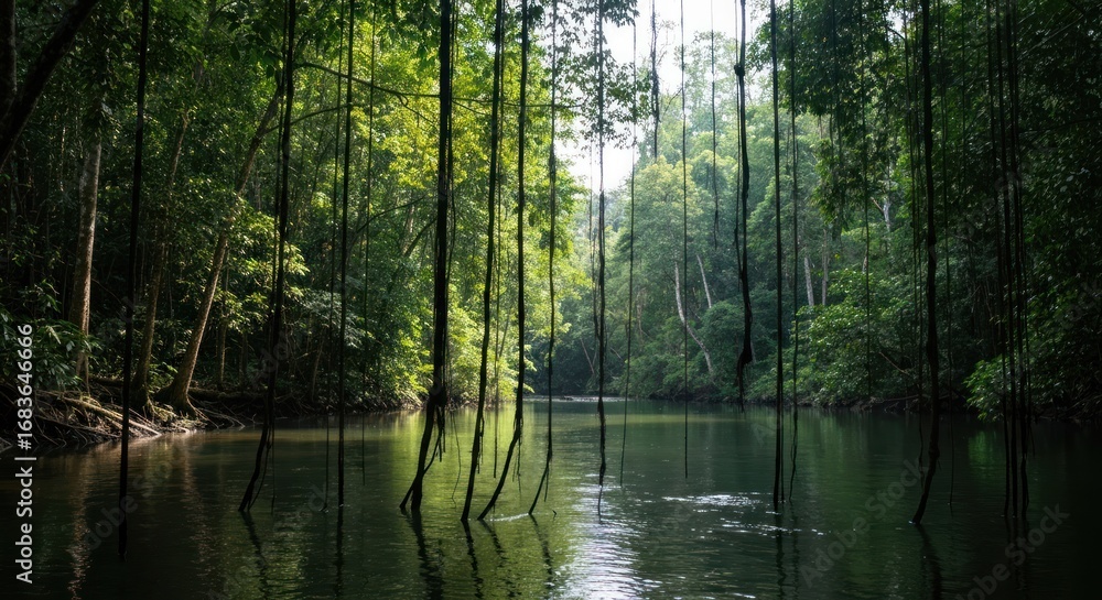 Obraz premium Lush jungle river scene. Sunlight filters through dense canopy