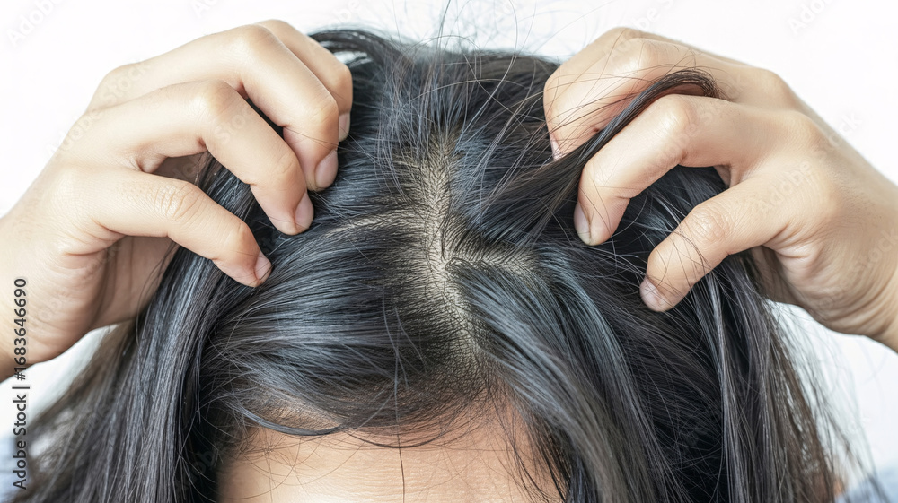 Naklejka premium Woman's hands scratching scalp showing hair thinning and scalp irritation, close-up view