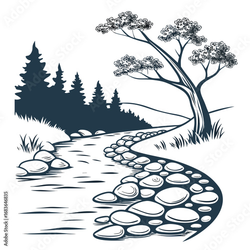 Stylized illustration of a winding river with smooth stones and a lone tree in a forest landscape