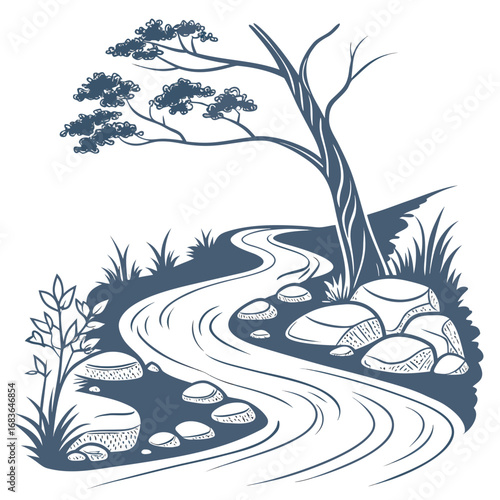 Stylized illustration of a winding stream flowing past rocks and a solitary tree with foliage