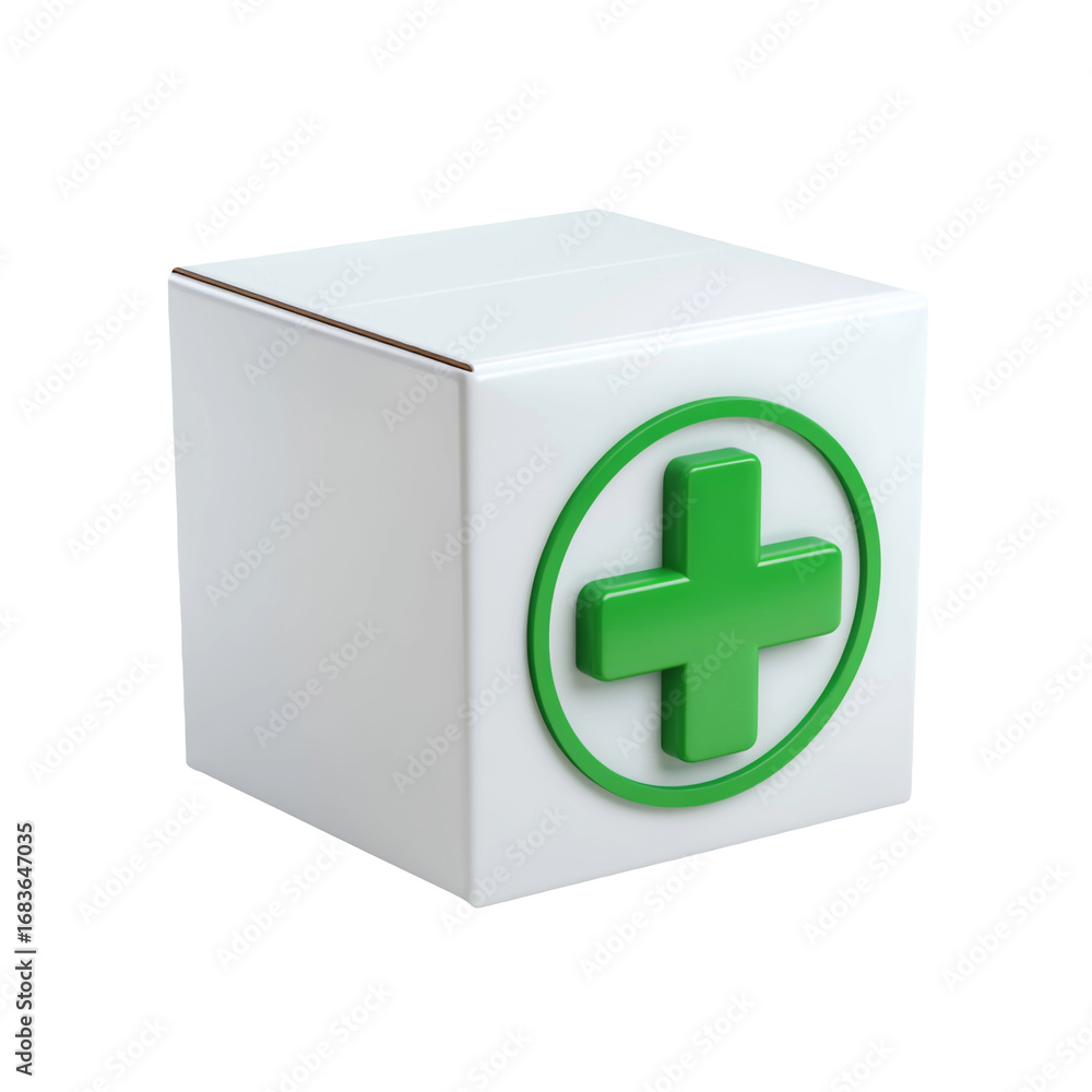 Obraz premium White cube with green cross symbol isolated on transparent background