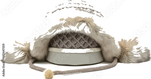 Knitted winter hat with fur trim and ear flaps isolated on a white background