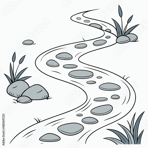 Whimsical winding path made of stepping stones and surrounded by stylized plants and rocks