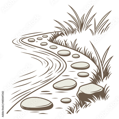 Winding stepping stone path across a tranquil stream with lush green grass and foliage