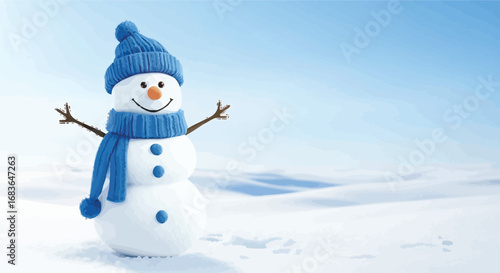 Cheerful snowman wearing a blue scarf and hat in a snowy winter wonderland scene