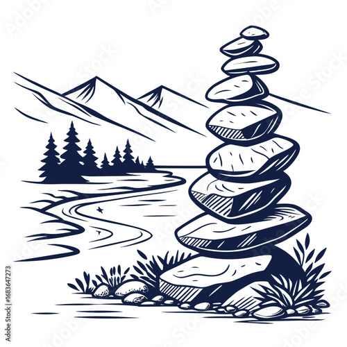 Zen rock cairn balanced beside a winding river and pine trees with distant mountains