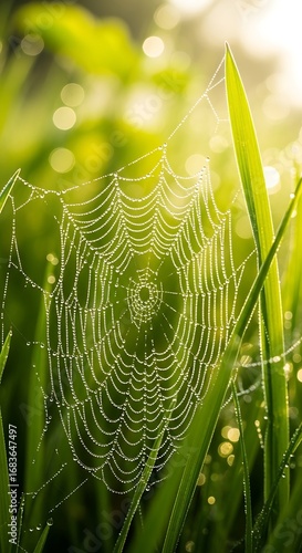 Dew Drops on Spider Web in Morning Sunlight with Green Grass cobweb water droplets