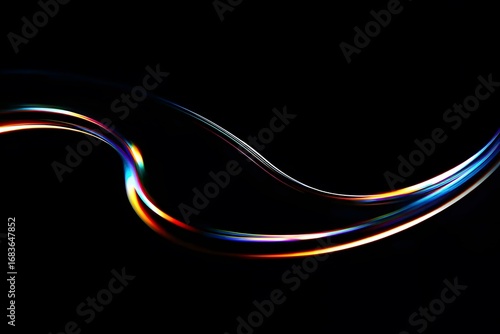 Black background, rainbow light in the shape of an  curve, curved line, black background, high definition photography, 
