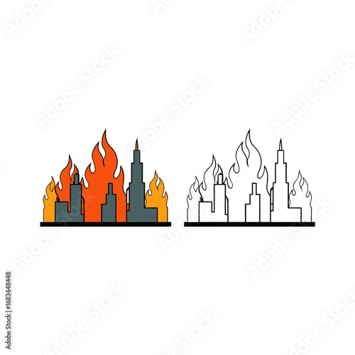 Vector art of city skyline engulfed in flames, representing disaster and destruction