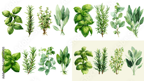 Watercolor illustration of assorted fresh green herbs including basil, rosemary, sage, and mint in botanical and culinary theme.