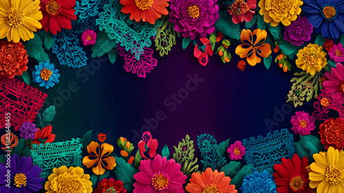 fondo con espacio de copia con un marco colorido de diseño de flores y papel picado tradicional mexicano y de la cultura mexicana diseño con estilo artistico tipico y folklorico 