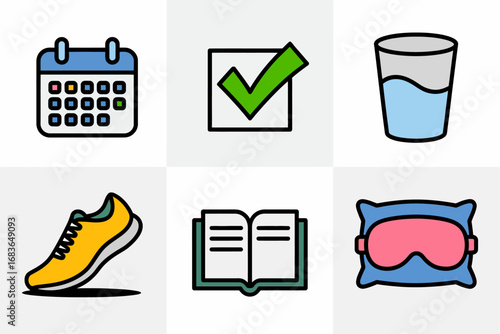 Lifestyle planner vector illustrations, calendar checklist fitness shoe water glass book sleep mask graphics, colorful daily organization design elements