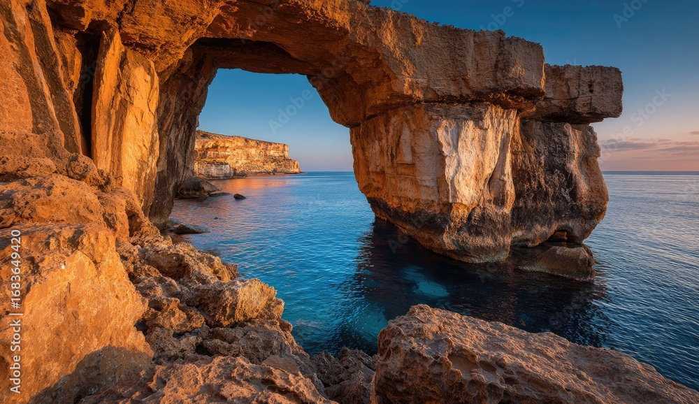 Fototapeta premium Dramatic rock arch at sunrise over tranquil water
