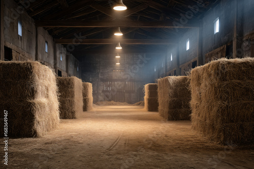 Wallpaper Mural Old weathered barn interior featuring stacks of hay bales, illuminated by warm light Torontodigital.ca