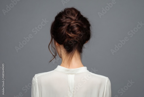Woman with Dark Brown Hair in High Bun and White Blouse