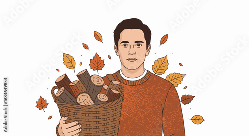 Autumn Fashion Portrait of a Young Man Holding a Basket of Firewood with Falling Leaves, Casual Stylish Clothing, and Warm Autumnal Colors for Seasonal Lifestyle and Nature Themed Advertising