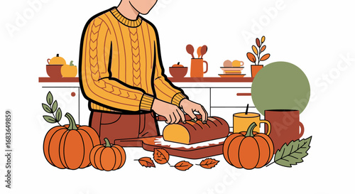 Autumn Harvest Celebration Scene with Preshaped Bread Pumpkin and Cozy Sweater, Fall Seasonal Decor in a Modern Kitchen with Warm Colors and Festive Atmosphere, Perfect for Thanksgiving or Fall