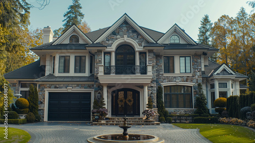 Suburban McMansion with oversized garage, stone fa? section ade, decorative fountain in the yard, a symbol of American excess.