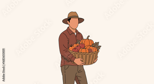 Close-up of a Person Holding a Basket of Fresh Harvested Pumpkins Apples and Vegetables in Autumn Farm Setting for Seasonal Food Celebration and Harvest Festival Promotions
