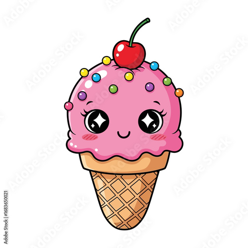 A cute kawaii pink ice cream cone with a cherry on top and colorful sprinkles, featuring big sparkling eyes and a happy smile.