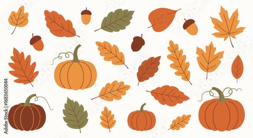 Autumn Seasonal Flat Lay with Pumpkins, Maple and Oak Leaves in Warm Fall Colors for Harvest, Thanksgiving, or Autumn Festival Themes, Perfect for Nature, Seasonal Decorations, and Fall Celebration