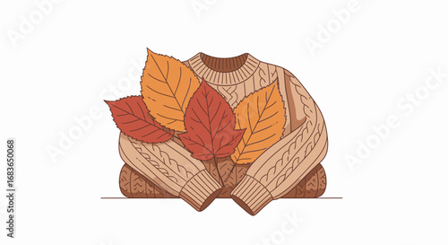 Close-Up of Person Wearing Chunky Sweater with Autumn Leaves, Cozy Fall Fashion Scene, Warm Knitted Clothing for Autumn Season, Stylish Casual Outfit for Autumn Weather, Seasonal Fashion Accessories