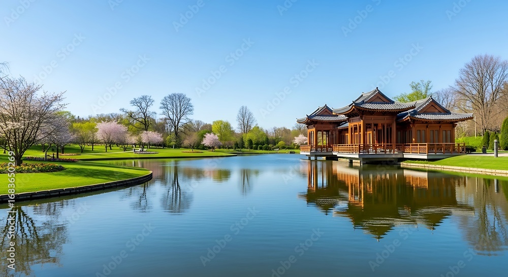 Fototapeta premium Scenic Lake with Traditional Asian Pagoda and Clear Blue Sky 