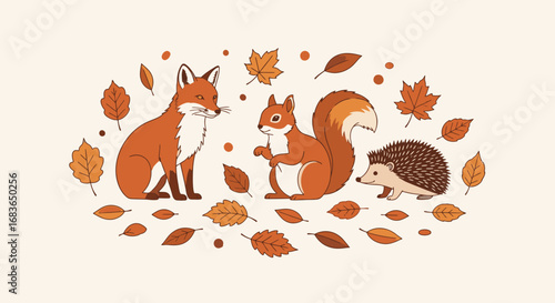 Cute Autumn Forest Scene with Cartoon Fox Squirrel and Hedgehog Illustrations, Family of Animals in Fall Leaves, Kids Nature Theme for Educational Books, Children's Decor, and Wildlife Awareness