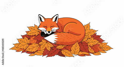 Cute Autumn Fox Sleeping on a Bed of Colorful Fall Leaves, Charming Forest Scene with Cozy Wildlife Illustration, Perfect for Seasonal Nature and Wildlife Decor, Children's Books, and Holiday