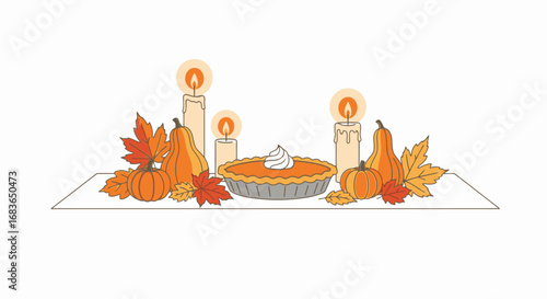 Elegant Thanksgiving Table Centerpiece with Candles, Autumn Leaves, Pumpkins, and Pie for Fall Celebration, Harvest Dinner, and Seasonal Festive Decor