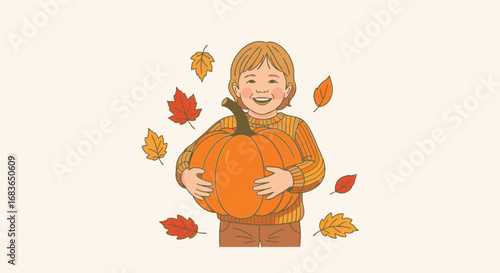 Happy Child Hugging Pumpkin with Falling Autumn Leaves, Celebrating Fall Season, Halloween, Harvest Festival, Autumn Joy, Childhood Happiness, Seasonal Festivities, Cozy Fall Atmosphere, Festive
