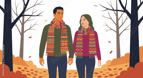 Romantic Couple Walking Hand in Hand in Autumn Forest Scene, Leafy Path with Falling Leaves, Cozy Warm Sweaters and Scarf for Fall, Autumn Romantic Date, Beautiful Nature Atmosphere Illustration