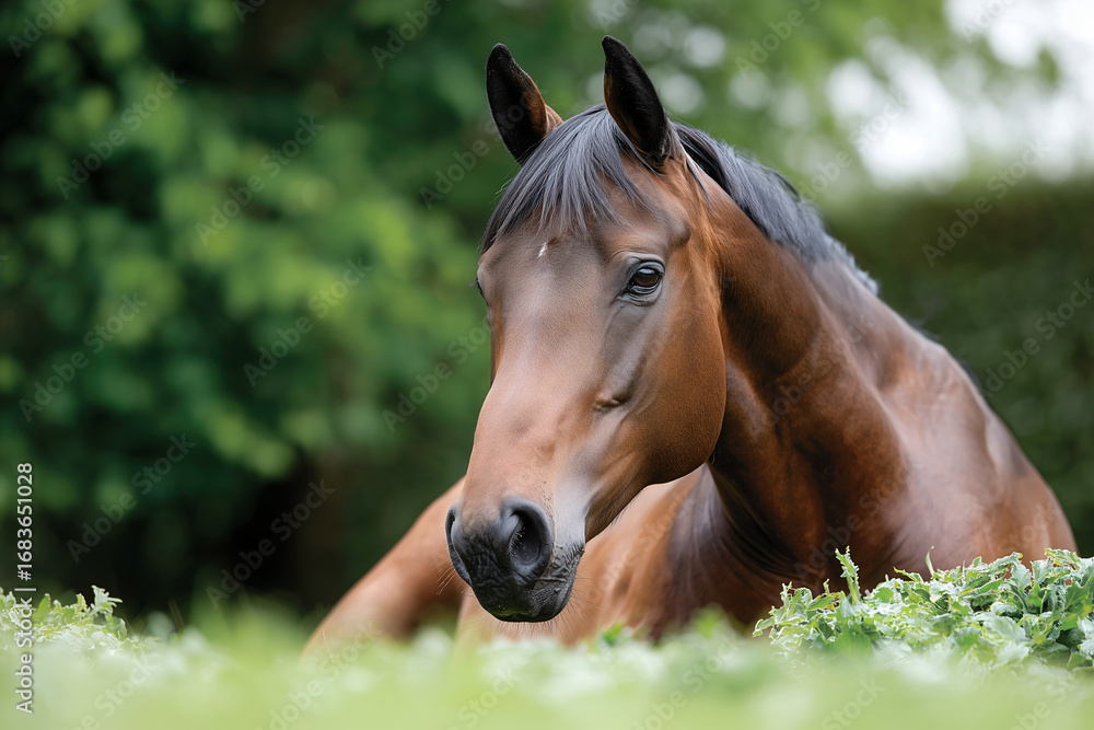 Fototapeta premium A majestic brown horse relaxing peacefully in the green grass, with a soft-focus background