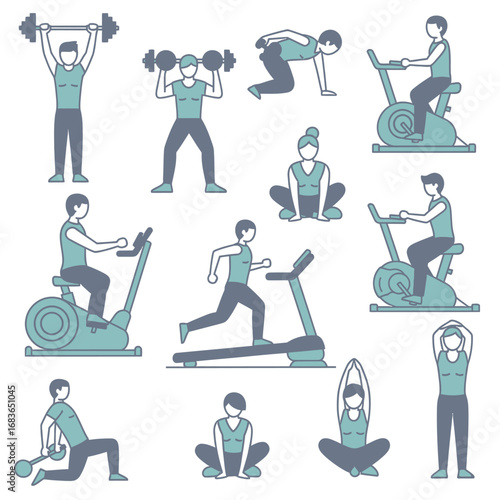 Workout Routine Engaging Illustrations of People Exercising and Staying Fit for Health & Well-being