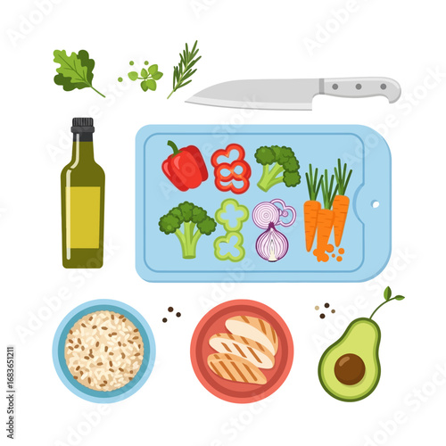 A collection of fresh and healthy food ingredients for cooking a balanced meal, featuring grilled chicken, vegetables on a cutting board, rice, and avocado in a flat lay illustration