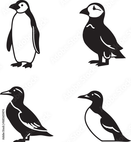 Penguin Puffin Auk and Guillemot Silhouettes Collection Wildlife Vector Illustration Isolated on White Background