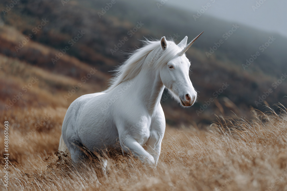 Obraz premium A majestic unicorn gallops gracefully through a field of tall, golden grass, exuding an aura of enchantment and magic. The unicorn has a pure white coat, a long flowing mane and tail, and a single.