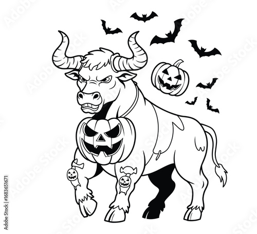 Haunted minotaur bull wearing jack-o’-lantern armor in spooky halloween black and white vector design